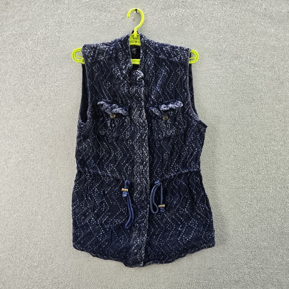 Angie Women Vest L Blue Geometric Boho Button Crew Neck Front
